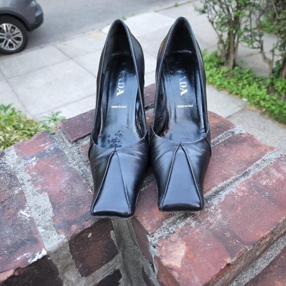 Prada Shoes - Prada Square-Toe Black Leather Heels